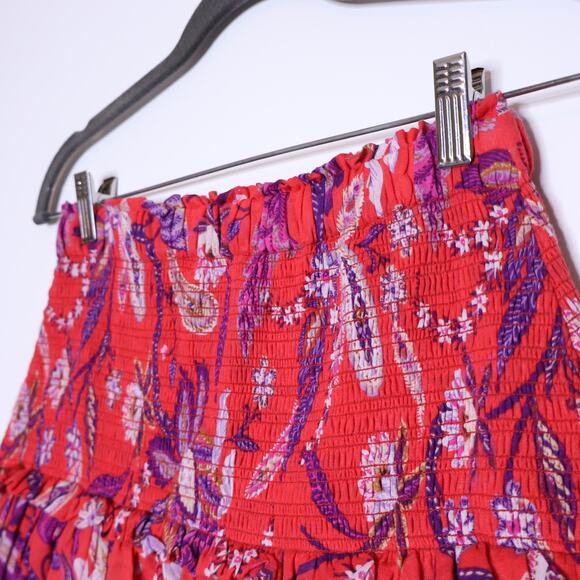 SUNDRY Floral Tiered Skirt Red Smocked Ruffle Lightweight Women's 1 / US S - Picture 10 of 14